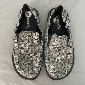 Skechers Cali Size 8 Black Gray Skull & Crossbones Canvas Slip on Shoes Gothic